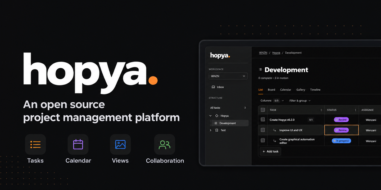 Hopya project artwork: tasks, calendar, views, and collaboration beside a dark-mode task list.
